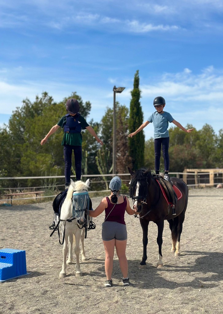 Group riding class with horses and an instructor